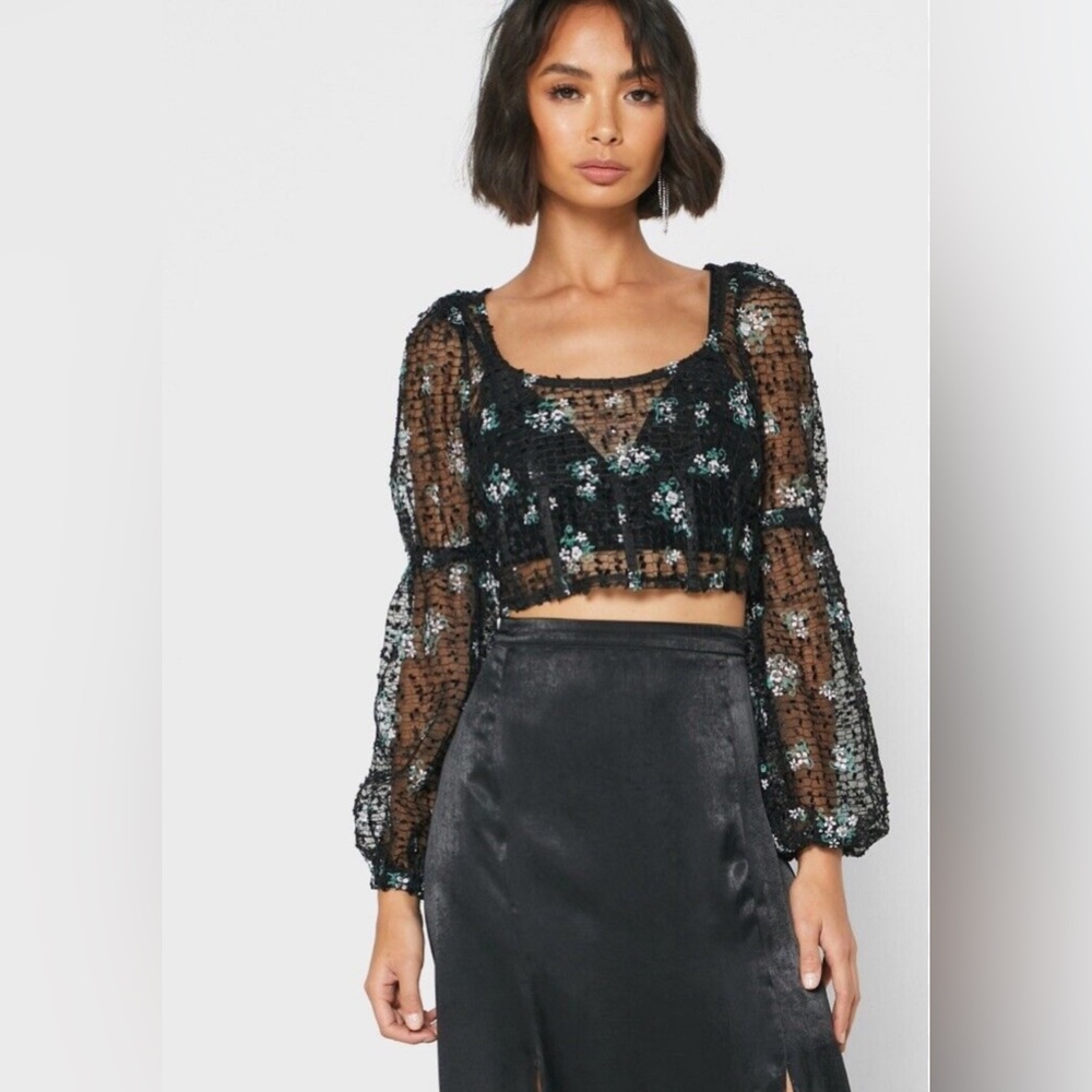 Topshop Black Floral Sheer Crop Blouse US 8 EU 40 Corset Prairie Style